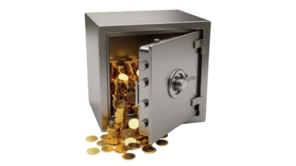 Open metal safe full of gold coins isolated PNG, wealth and security concept for finance and investment themes on transparent background