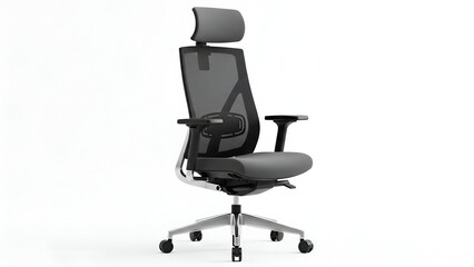 Modern ergonomic office chair with headrest, mesh back, and gray cushioned seat