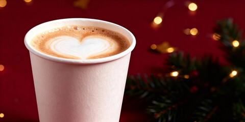 Paper coffee cup with heart-shaped foam on red festive background