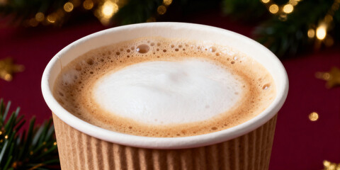 Closeup of paper cup filled with foamy latte on festive red background