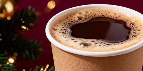 Macro shot of black coffee in paper cup with holiday lights
