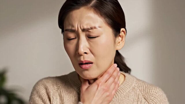 Woman Experiencing Throat Pain Progression Illustrated in Multiple Facial Expressions