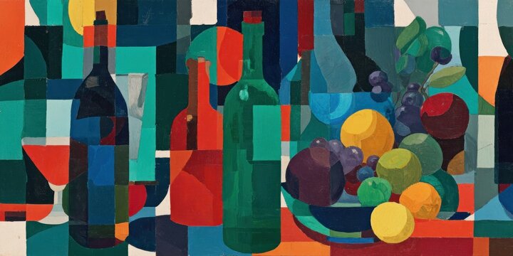 Abstract still life depicts bottles, fruit in mosaic-like composition, vibrant colors