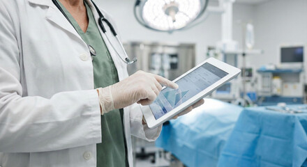 Naklejka premium Doctor holding ipad with medical data on screen, in front of operating room equipment.