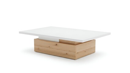 Rectangular modern coffee table with a white top and wood block base, isolated on white