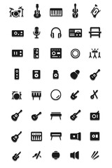 Set of black musical instrument icons including guitars drums keyboard microphone headphones and audio equipment isolated on white background for music collection design
