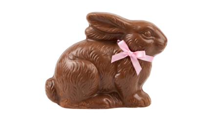 Easter chocolate bunny with pink ribbon bow isolated on white