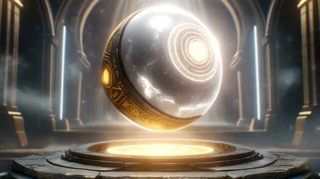 Dynamic cosmic sphere rotates on ancient stone pedestal in illuminated hall ethereal light rays highlighting intricate patterns and symbols creating a sacred ambiance