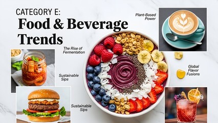 Collage of food and beverage trends, including smoothie bowls, coffee, cocktails, and a burger