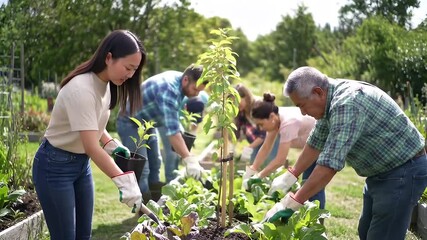 Diverse Group Gardening Together Cultivating Plants and Community in the Garden