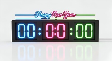 Digital countdown clock displays "000000" with "Happy New Year" above, white glossy surface