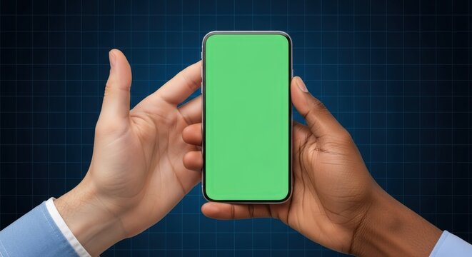 Diverse multiracial hands holding a modern smartphone with a green screen for mockup against a digital background - Powered by Adobe