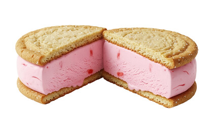Strawberry ice cream sandwich cut in half isolated PNG, delicious dessert with sugar cookies on transparent background