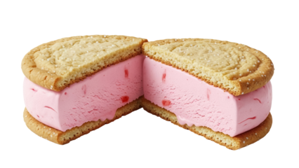 Strawberry ice cream sandwich cut in half isolated PNG, delicious dessert with sugar cookies on transparent background