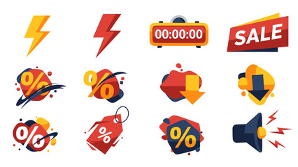 Dynamic collection of vibrant discount, sale, and promotion icons featuring lightning bolts, countdown timers, and megaphone symbols for enticing marketing campaigns