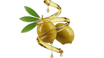 Two green olives with leaves and oil swirl isolated PNG, healthy Mediterranean diet ingredient on transparent background