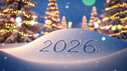 2026 Year Carved in Snow Winter Wonderland Bokeh Lights Festive Celebration New Year Countdown video - Powered by Adobe