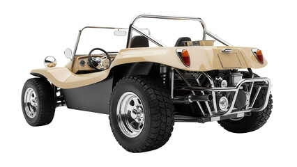 Beige dune buggy PNG isolated on transparent background, off-road vehicle with chrome roll cage for summer adventure and recreation