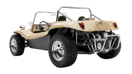 Beige dune buggy PNG isolated on transparent background, off-road vehicle with chrome roll cage for summer adventure and recreation