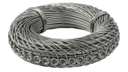 Coiled metal wire isolated PNG, silver flexible cable for industrial use and construction projects on transparent background