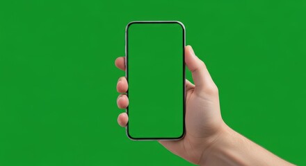 A close-up shot of a person holding a smartphone with a green screen against a plain background