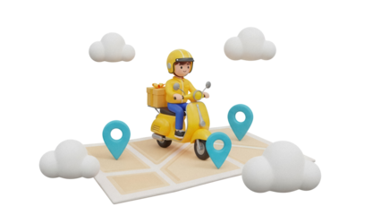Delivery man on scooter with package isolated PNG, cartoon courier on map with location pins for delivery service and logistics