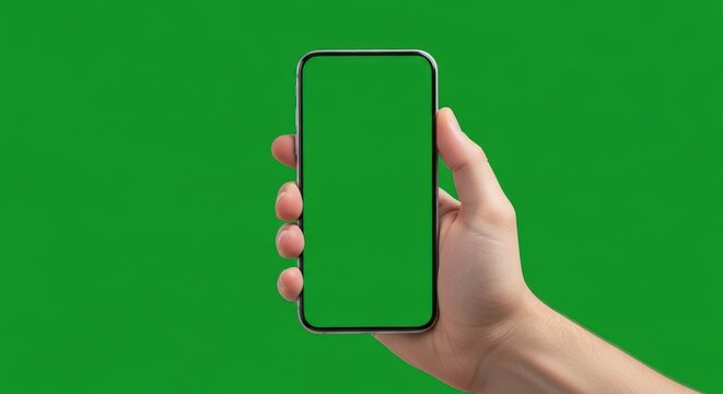 A close-up shot of a person holding a smartphone with a green screen against a plain background
