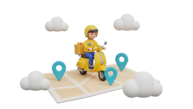 Delivery man on scooter with package isolated PNG, cartoon courier on map with location pins for delivery service and logistics - Powered by Adobe