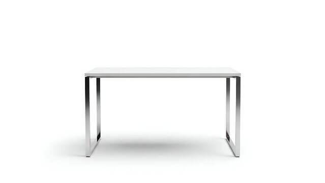 Modern, minimalist desk with a white top and metallic legs against a blank white backdrop