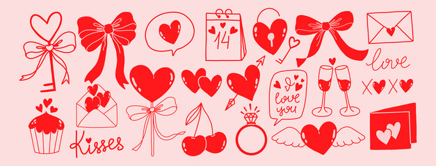 Valentine&rsquo;s Day doodle clipart set includes a collection of cute hand-drawn love-themed elements such as hearts, bows, keys, envelopes, cupcakes, cherries, champagne glasses, love quotes, and more.