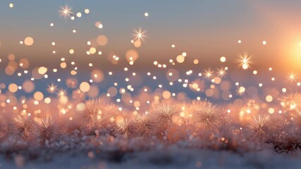 Golden winter sunrise with sparkling frost crystals and soft glowing bokeh creating a warm seasonal background for holiday banners cards and celebratory designs - Powered by Adobe
