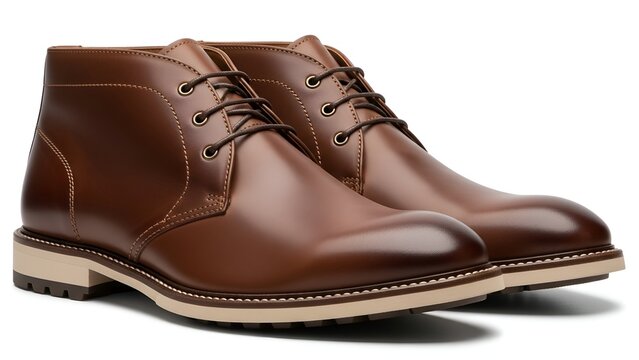 Polished brown leather chukka boots, laced, with light soles, angled on white background - Powered by Adobe