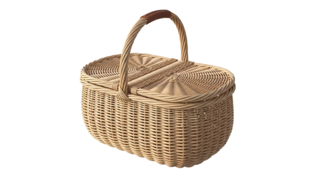 Wicker picnic basket PNG isolated on transparent background, traditional container for outdoor dining and storage