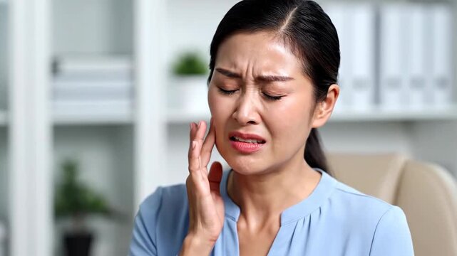 Woman Experiencing Toothache Pain in Office Setup During The Working Day, Facial Expression