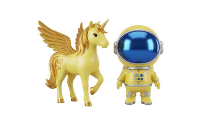 Yellow winged unicorn and astronaut toy figures isolated PNG, cute fantasy and space exploration concept on transparent background © Hughes