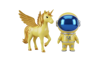 Yellow winged unicorn and astronaut toy figures isolated PNG, cute fantasy and space exploration concept on transparent background