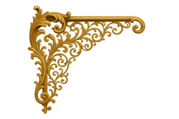 Golden ornate corner ornament creating a decorative baroque filigree frame with vintage design on transparent background