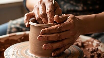 Close-up of hands shaping clay on pottery wheel.