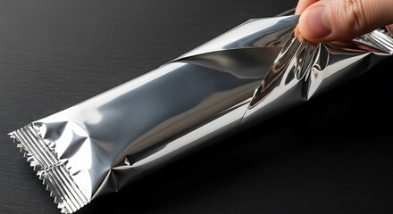 Hand opening a silver foil wrapper of a snack bar on a dark background, closeup shot