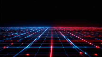 Abstract background with red and blue neon grid perspective