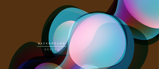 Fototapeta premium Abstract shapes overlap, creating vibrant color gradients. Brown backdrop complements translucent circles, curves, modern design elements.