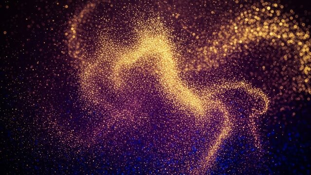 Abstract golden particles swirling in a dark, mysterious space.