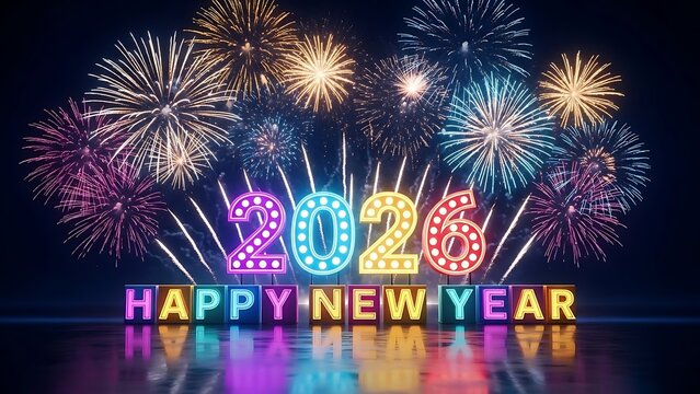 Vibrant neon sign displaying the year 2026 and happy new year text illuminated against a dark sky filled with colorful fireworks explosions