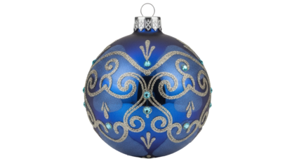 Elegant blue Christmas bauble PNG isolated, with silver glitter swirls and turquoise gems on transparent background, festive holiday ornament