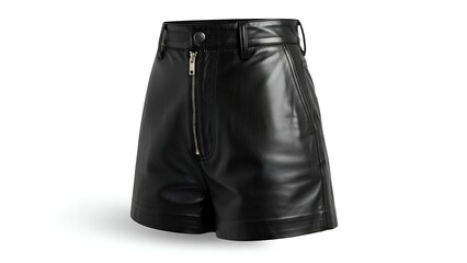 Naklejka premium Black leather high-waisted shorts, centered on a white background
