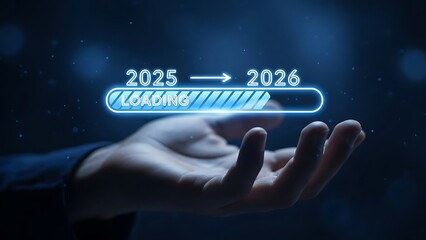 Businessman hand holding glowing digital progress bar indicating transition from year 2025 to 2026 with loading concept in dark blue background