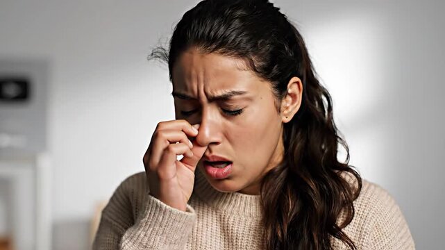 Woman Reacts To Unpleasant Odor, Showing Facial Expressions Of Disgust And Revulsion