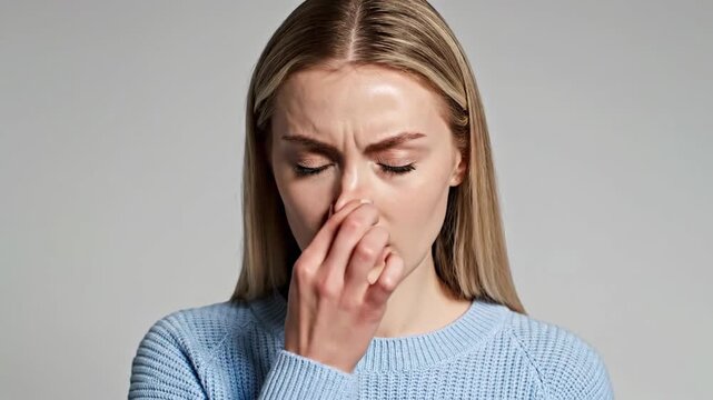 Woman Reacts To Unpleasant Odor, Showing Disgust And Negative Expressions