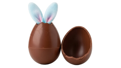 Cracked chocolate Easter egg with bunny ears isolated PNG, festive treat for kids and adults on transparent background, holiday celebration