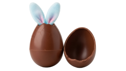 Cracked chocolate Easter egg with bunny ears isolated PNG, festive treat for kids and adults on transparent background, holiday celebration